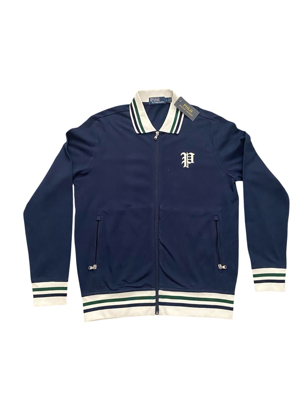 Blue Polo Ralph Lauren Men's Mesh Striped Trim P Patch Full Zip Jacket Size Med
